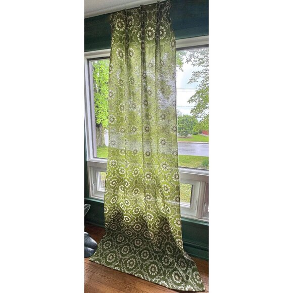 Vintage 60s pleated curtain, green & gold bold floral, MCM Fiberglass panel - Picture 2 of 10